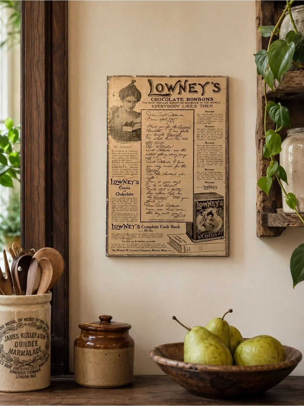 Vintage Lowney’s Chocolate Cocoa Ad Wood Plaque Kitchen Wall Decor Antique Style